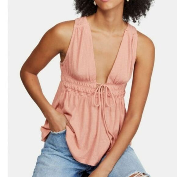 Free People  beach bound deep v-neck tie front peach tank top womans size medium - Picture 1 of 10